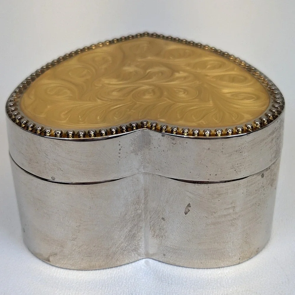 Heart Shaped Enamel Swirl Design Trinket Box Silver Toned with Navy Blue Liner